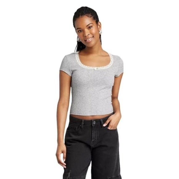Wild Fable Pointelle Rosette T-Shirt – Gray w/ White Lace – Size L - Picture 1 of 11